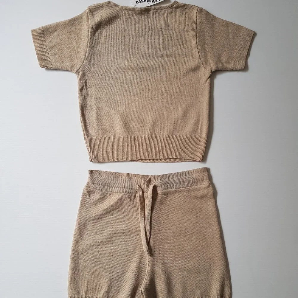 Beige Knit Short And Tee Set Soft Stretch Shorts And T-shirt Coordinates - Picture 4 of 15